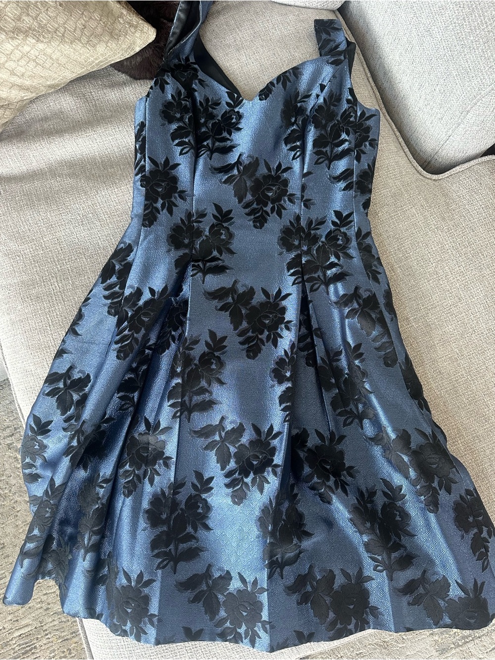 New White House Black Market Blue Satin Fit-and-Flare Dress with Black Floral